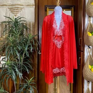 Plus Size Lingerie Set 1X Red Lace Chemise Sheer Robe 2pc Halter Babydoll Sexy